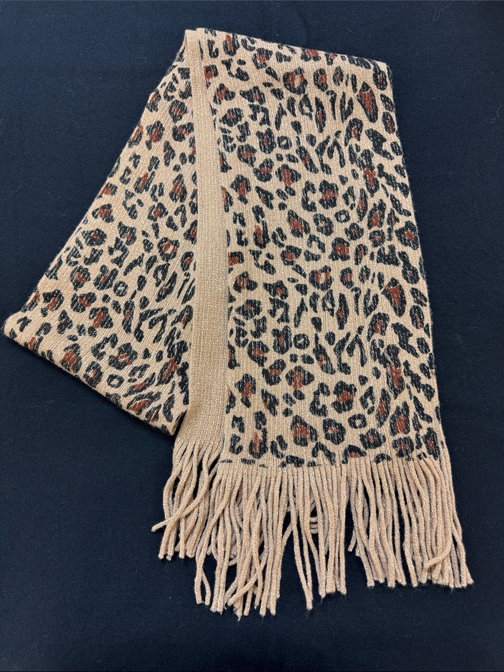Cejon Leopard Print Fringe Scarf in Tan, Black & Brown